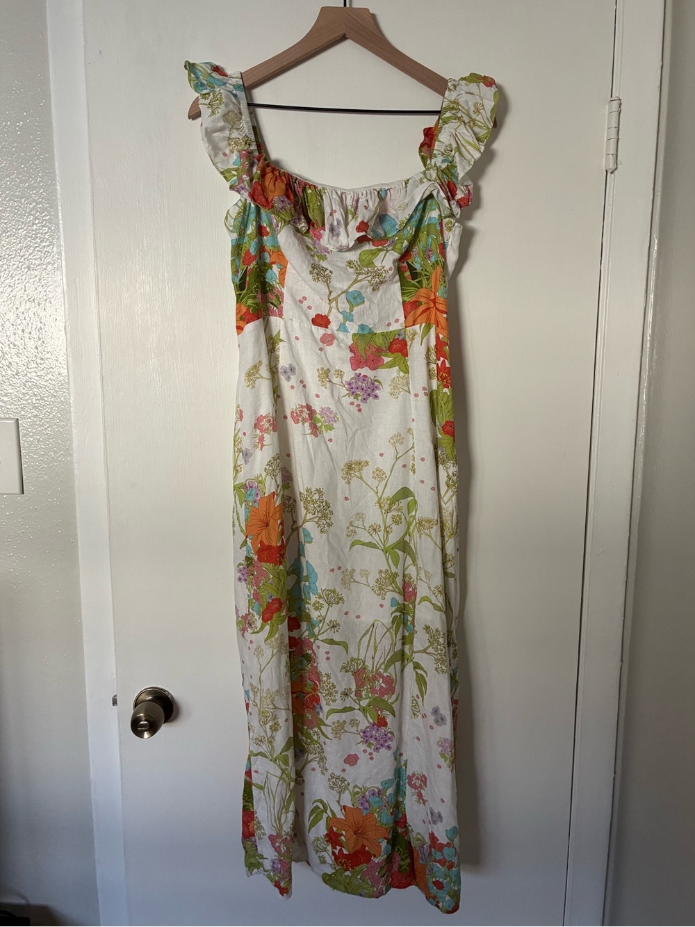 & Other Stories linen White Floral Ruffle-Strap Midi Dress